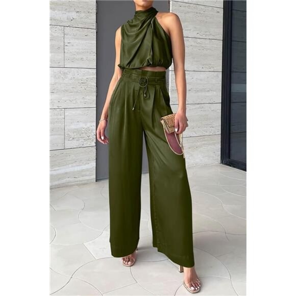 Women's Summer Sleeveless Mock Neck Crop Tops Wide Leg Pants Set - Picture 6 of 7